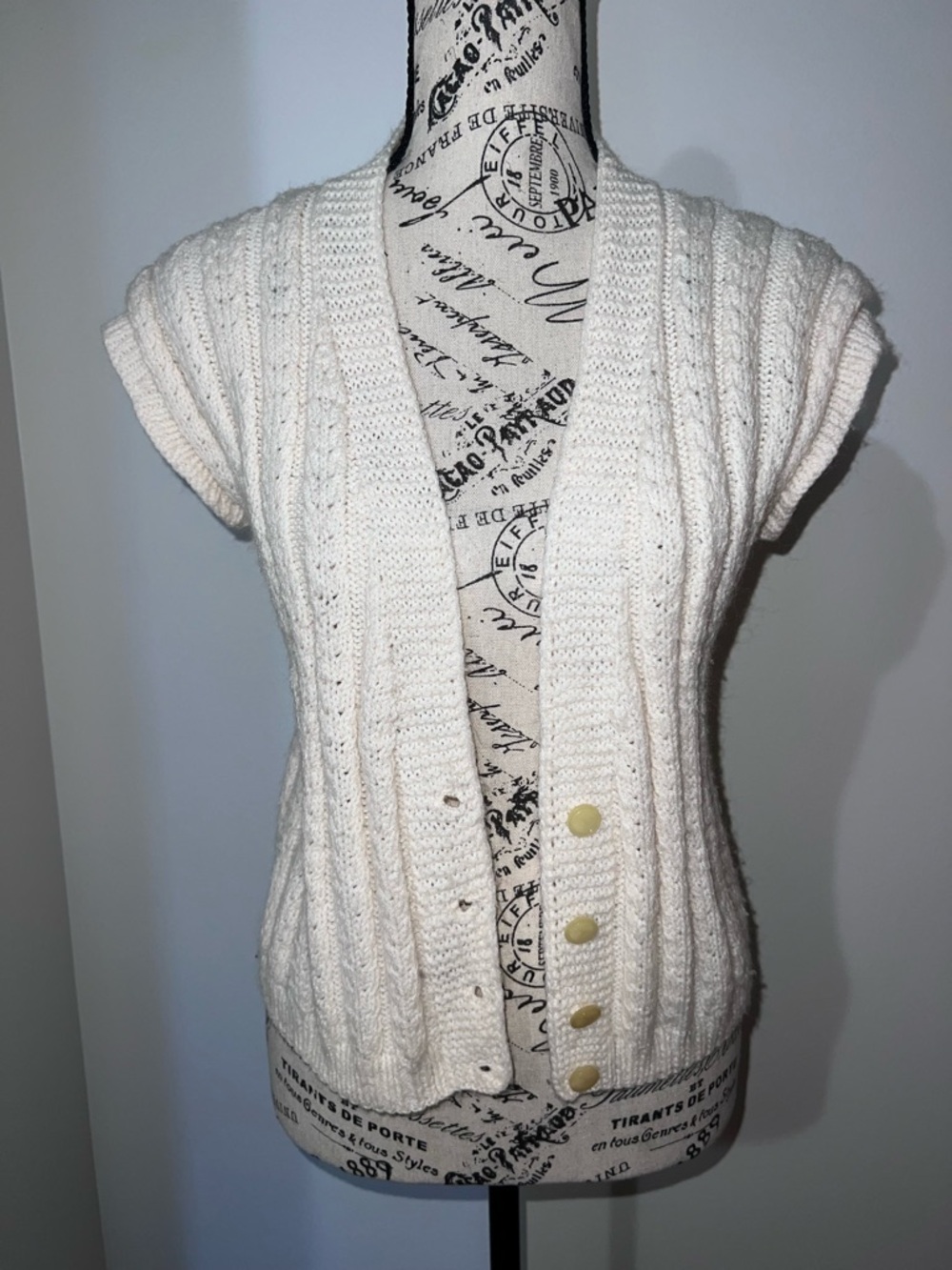 Handmade Vintage Cream Cable Knit Cardigan Vest Pointelle Medium/Large